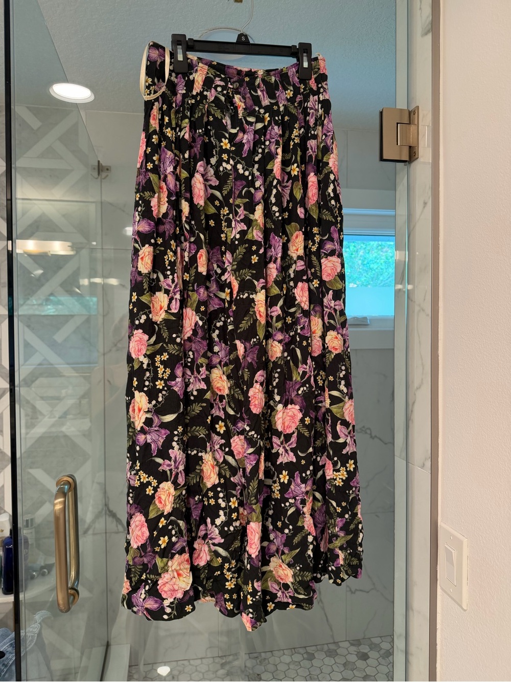 Agua Bendita Black Maxi Skirt with Pink and Purple Floral Print